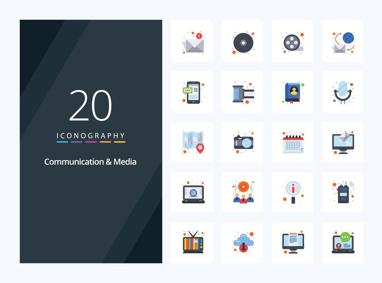 20 kommunikation och media platt Färg ikon för presentation vektor