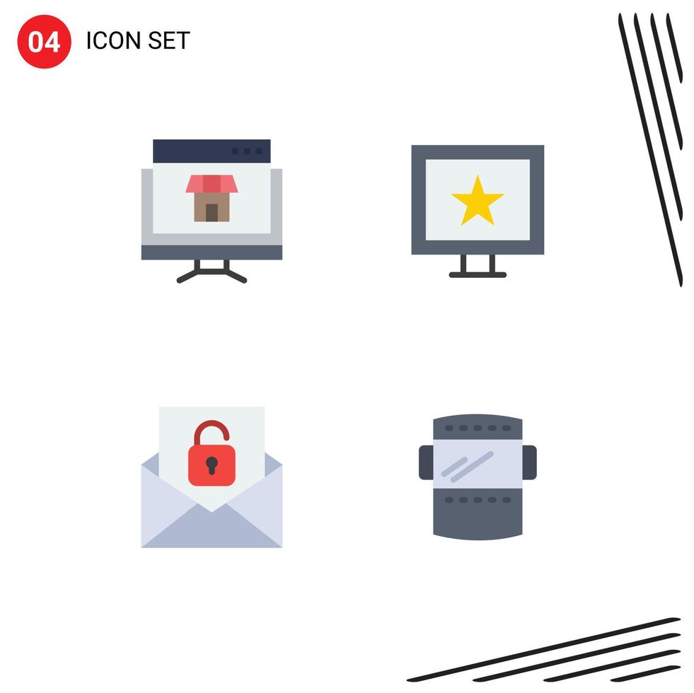 4 flaches Symbolpaket für Benutzeroberflächen mit modernen Zeichen und Symbolen von Computer-E-Mail-Online-Sternen, die bearbeitbare Vektordesign-Elemente freischalten vektor