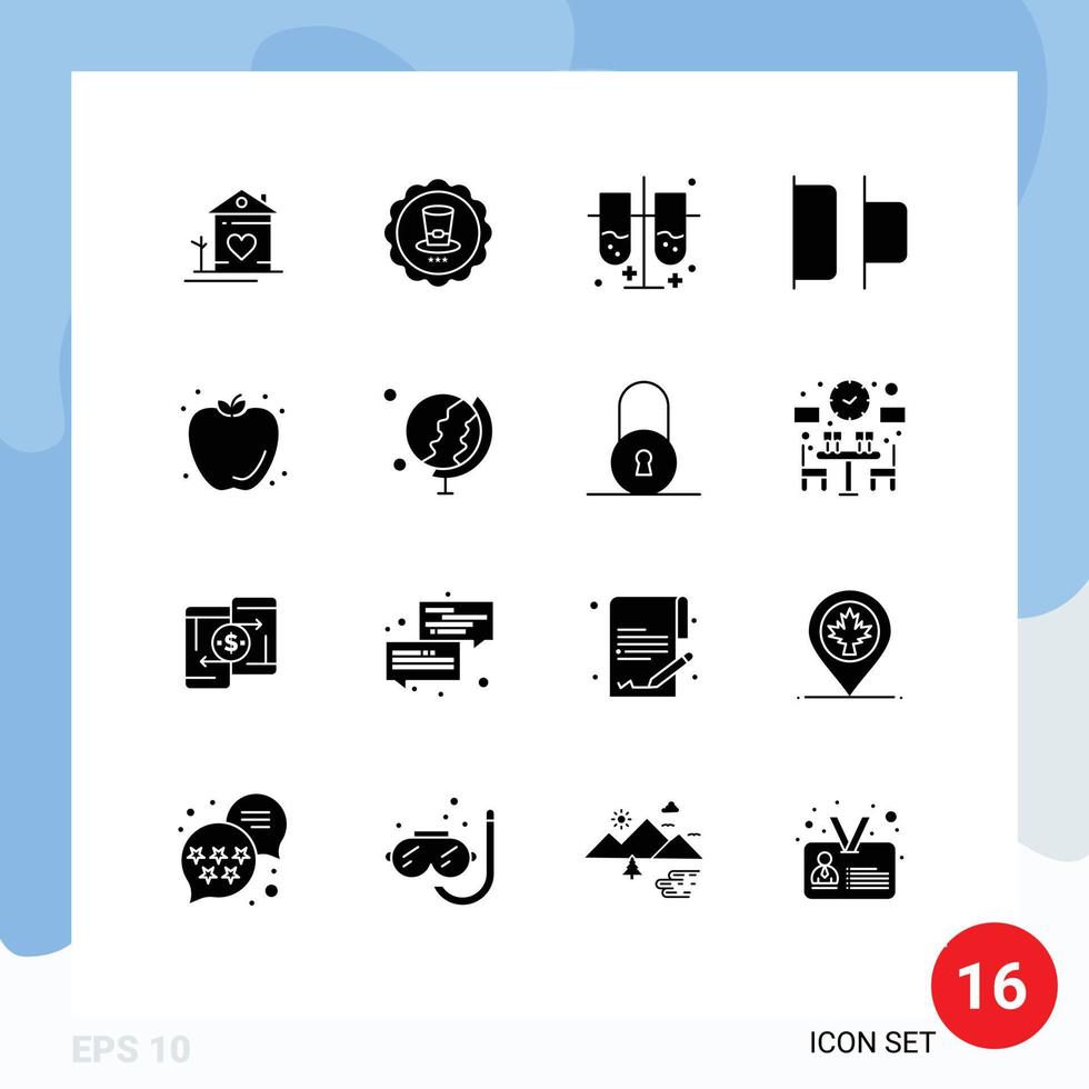 uppsättning av 16 vektor fast glyfer på rutnät för frukt vänster USA horisontell testa rör redigerbar vektor design element