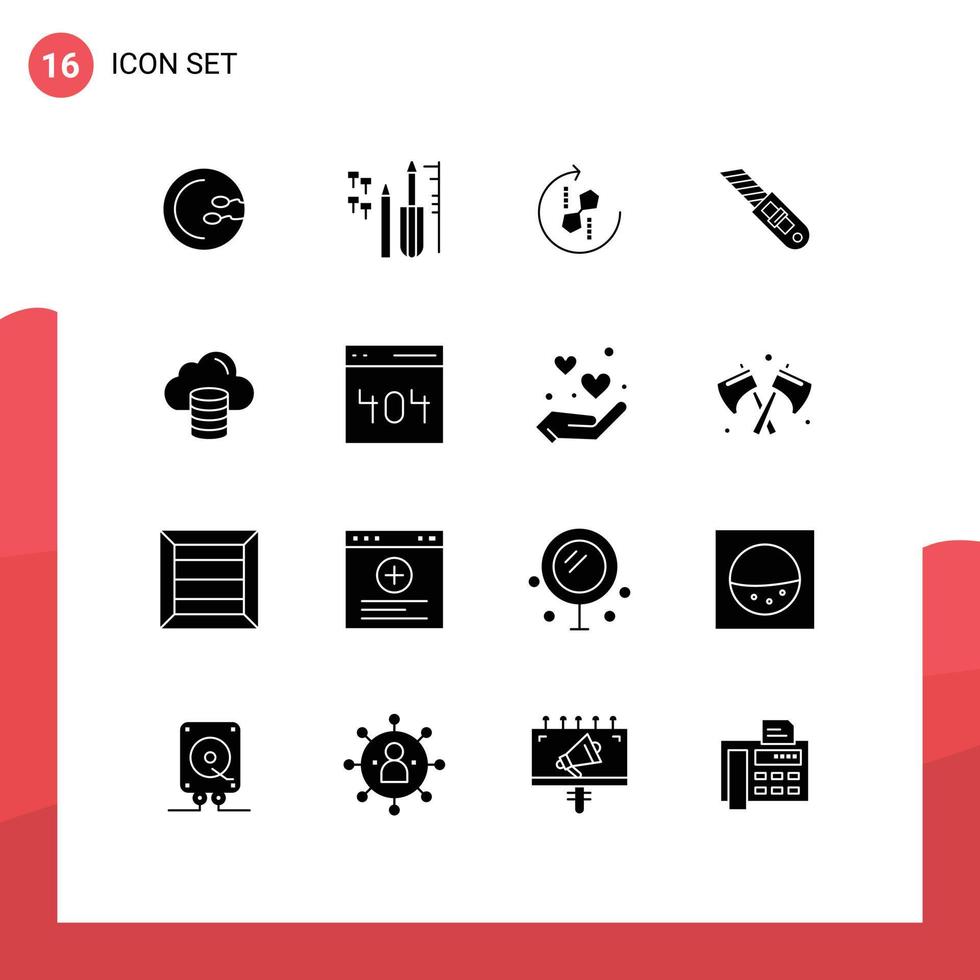 Gruppe von 16 soliden Glyphen Zeichen und Symbolen für Cloud-Reparatur-Puzzle-Tool gemeinsame editierbare Vektordesign-Elemente vektor