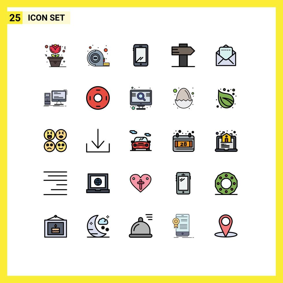 Gruppe von 25 gefüllten flachen Farbzeichen und Symbolen für Desktop-Mail, mobiles Dokumentzeichen, editierbare Vektordesign-Elemente vektor