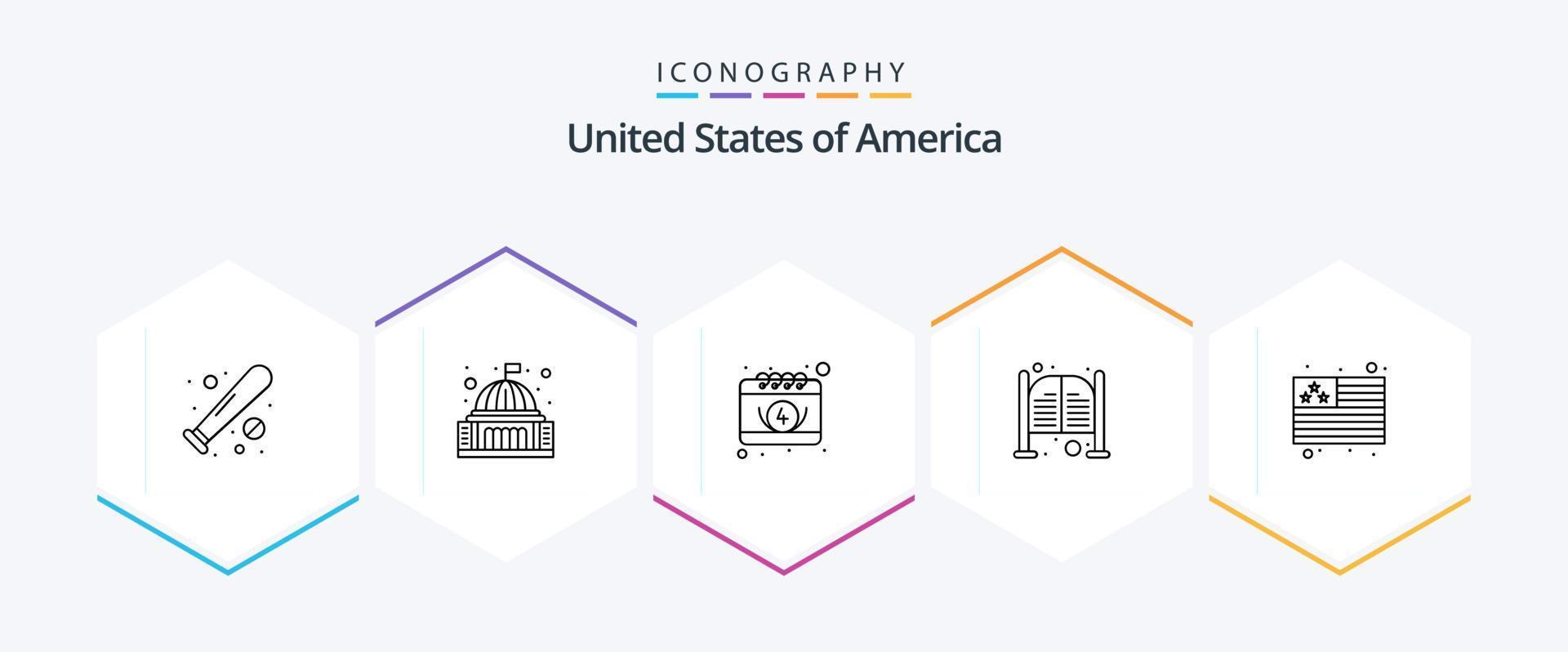 USA 25 linje ikon packa Inklusive dag. dörrar. landmärke. bar. datum vektor