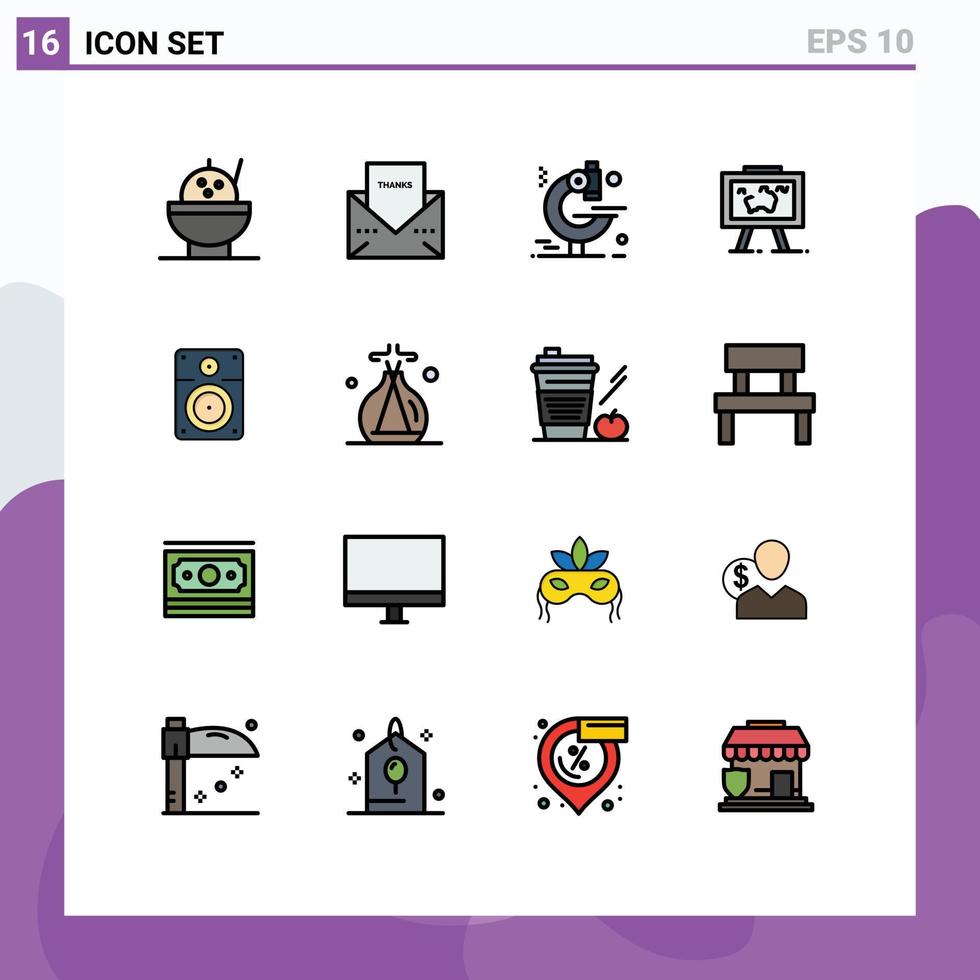 modern uppsättning av 16 platt Färg fylld rader pictograph av musik högtalare mikroskop bild hänga redigerbar kreativ vektor design element