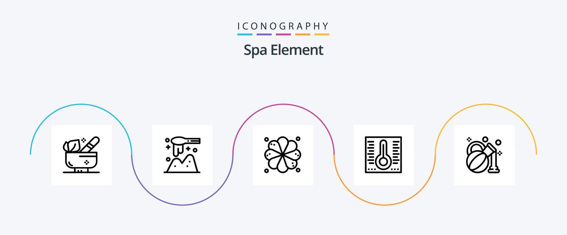 Spa Element Line 5 Icon Pack inklusive . Öl. Plumeria. Olive. Temperatur vektor