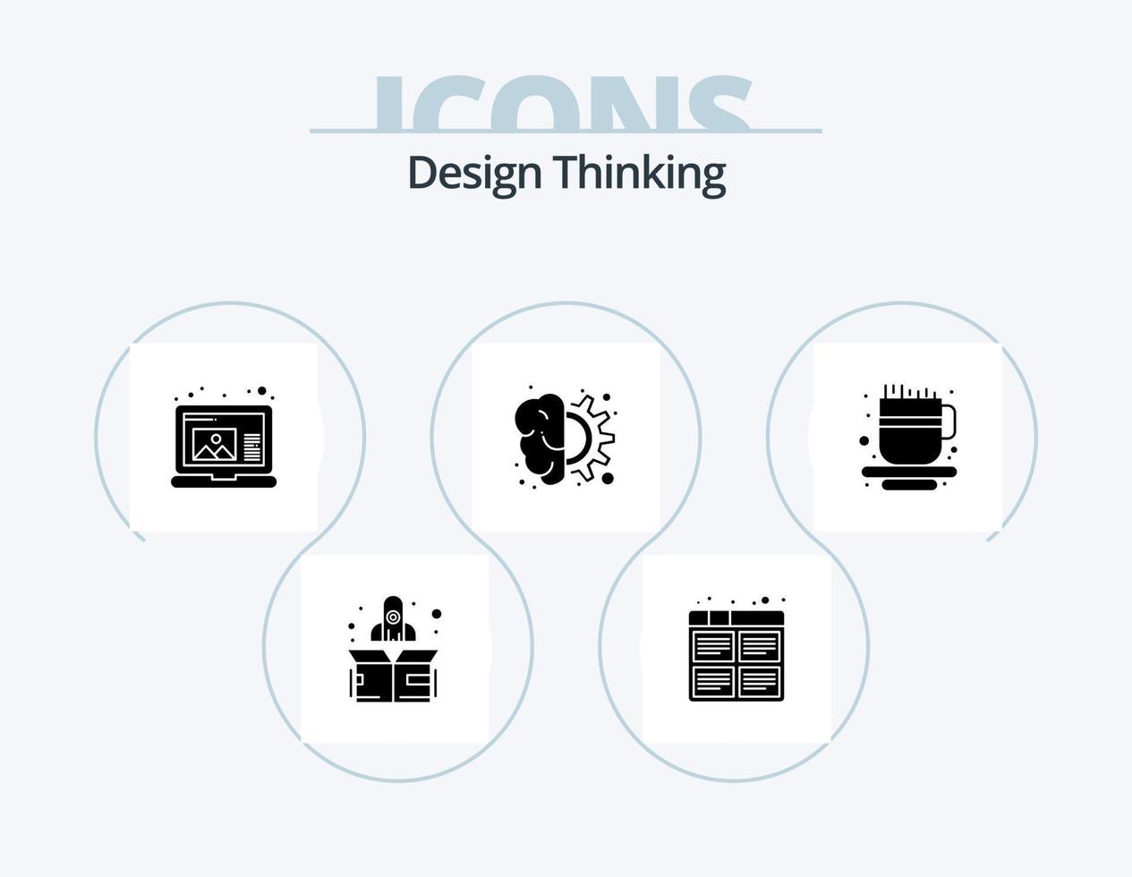 Design Thinking Glyph Icon Pack 5 Icon Design. Kaffeetasse. Prozess. Ausrüstung. Gehirn vektor