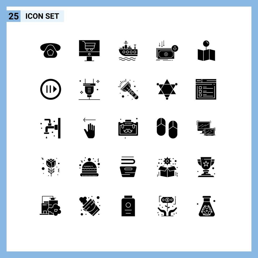 Aktienvektor-Icon-Pack mit 25 Zeilenzeichen und Symbolen für Standortfinanzierung Schiffskosten kosten editierbare Vektordesign-Elemente vektor