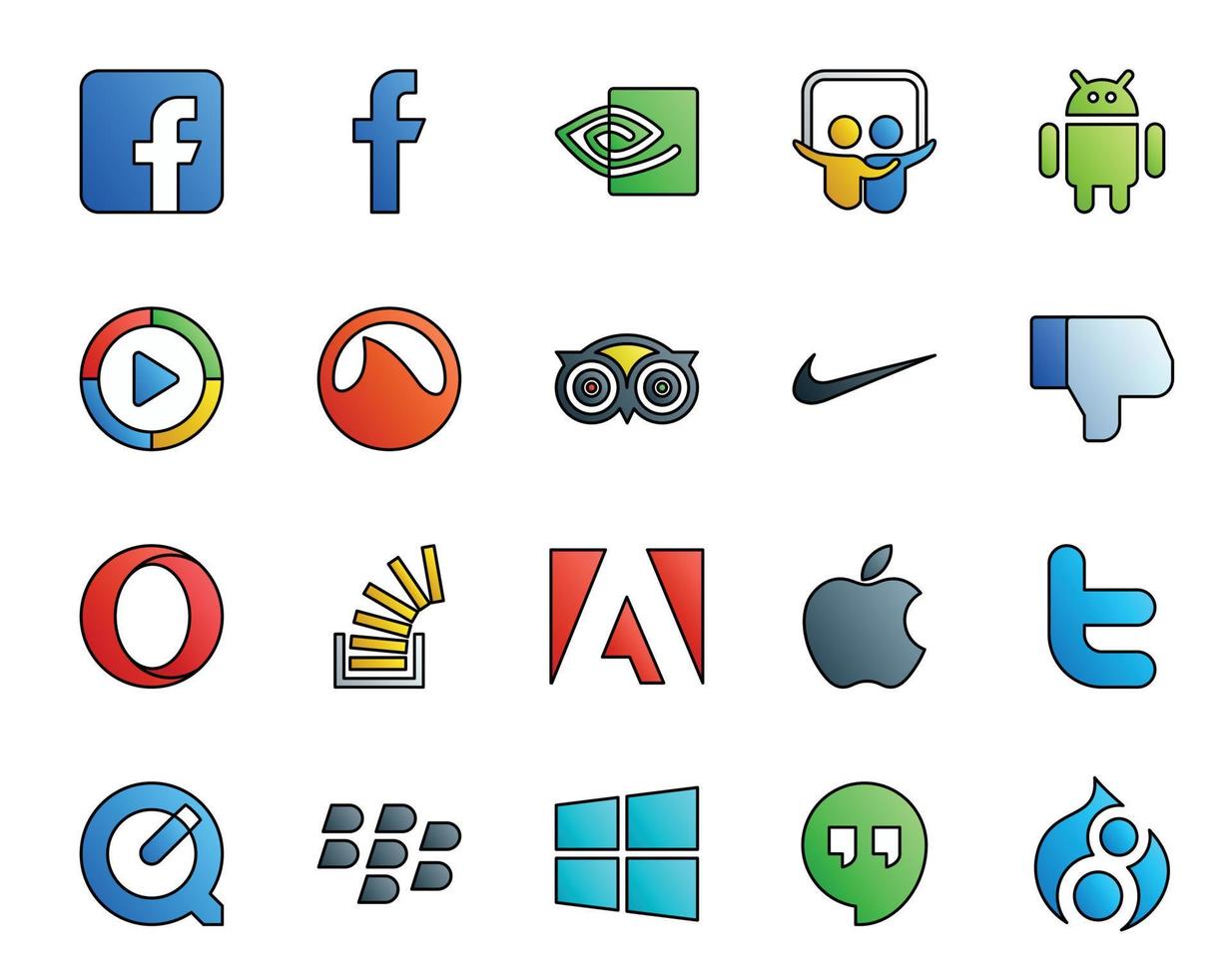 20 Social Media Icon Pack inklusive Apple Overflow Travel Stock Stockoverflow vektor