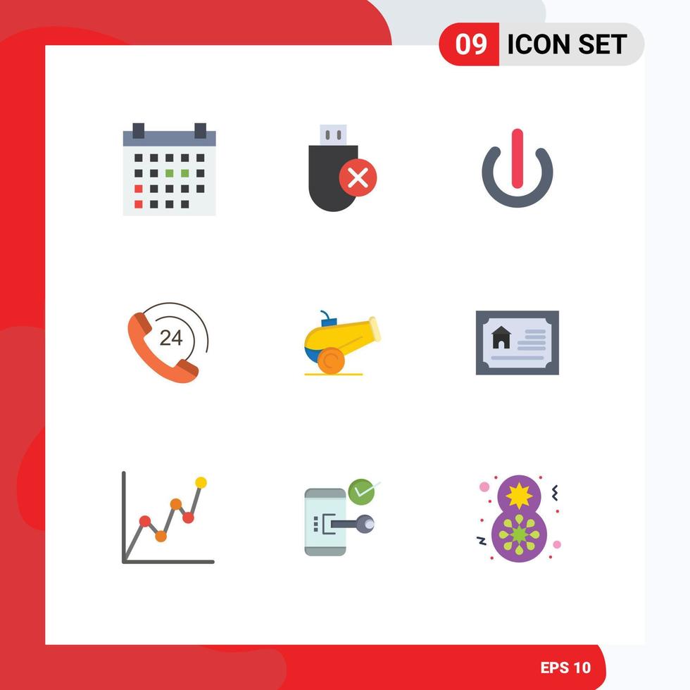 9 universelle flache Farben für Web- und mobile Anwendungen. Canon Phone Stick Communication Power editierbare Vektordesign-Elemente vektor