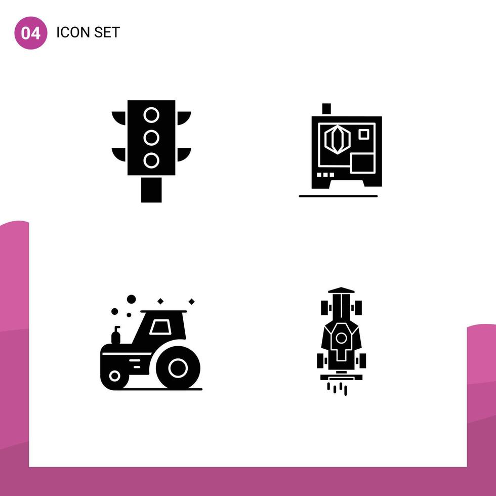 4 tematiska vektor fast glyfer och redigerbar symboler av lampor traktor skrivare lantbruk formel redigerbar vektor design element