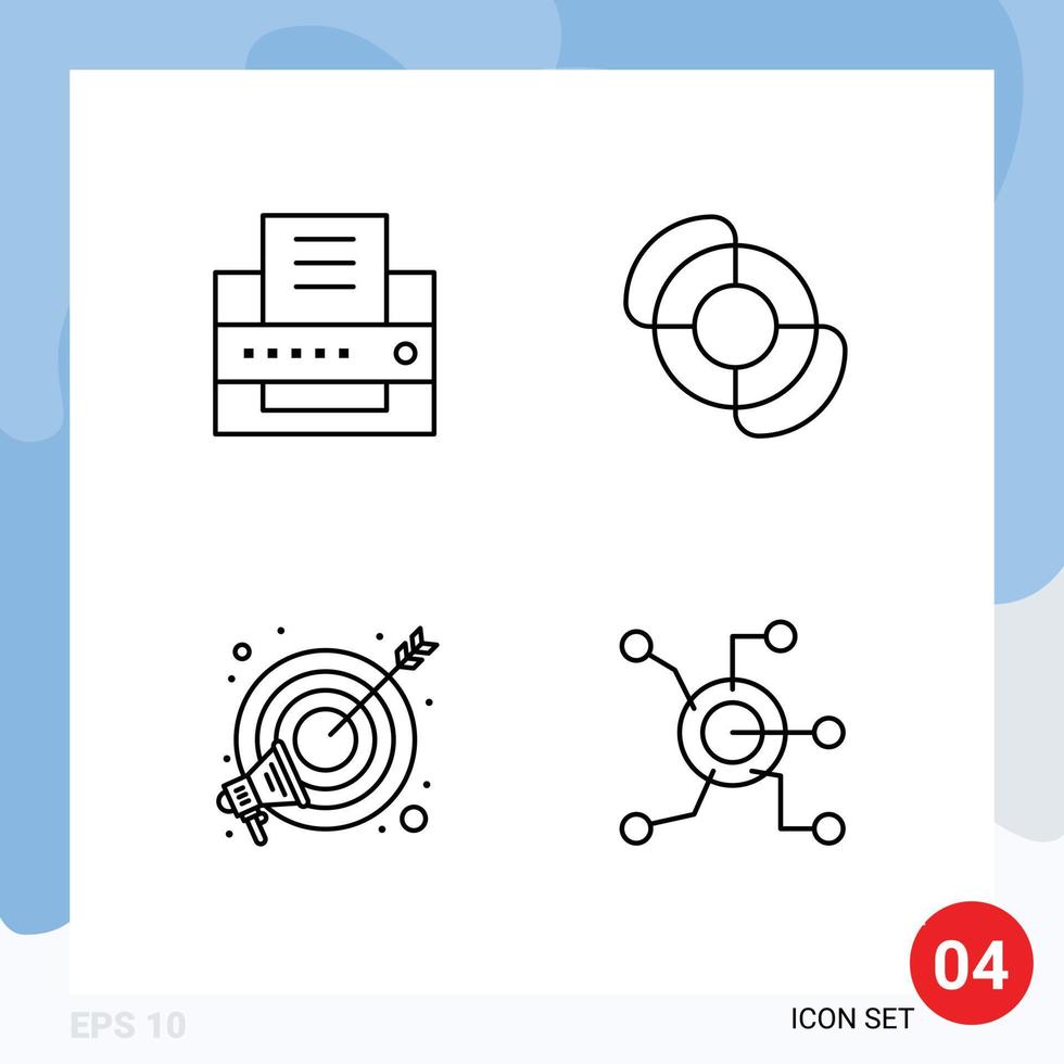 satz von 4 modernen ui-symbolen symbolzeichen für drucker marketing strand ziel netzwerk editierbare vektordesignelemente vektor