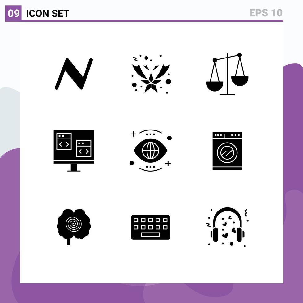 Gruppe von 9 modernen soliden Glyphen, die für das globale Entwicklungsgeschäft festgelegt wurden, entwickeln Codierungselemente für editierbare Vektordesigns vektor