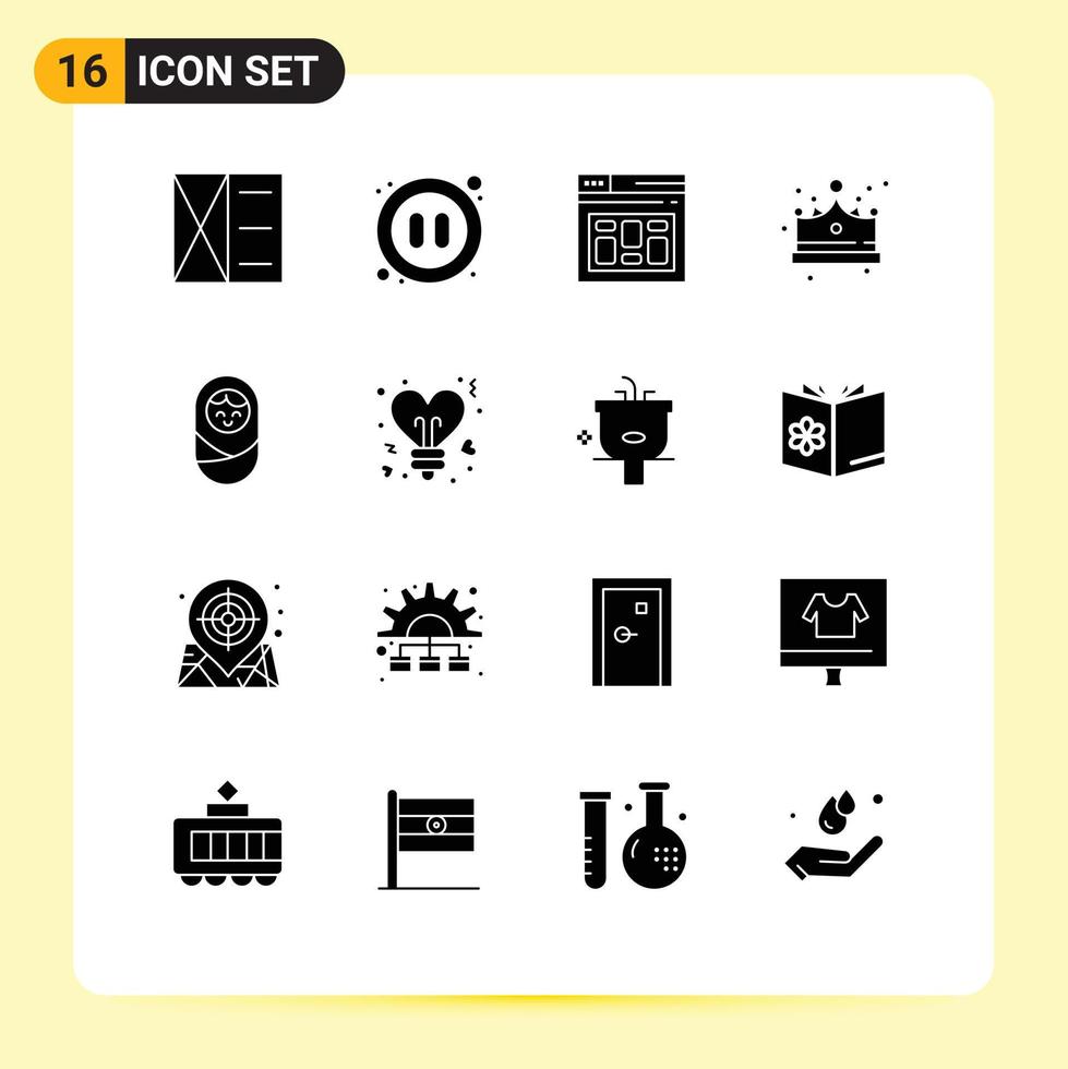 uppsättning av 16 vektor fast glyfer på rutnät för pojke keps browser Smycken krona redigerbar vektor design element
