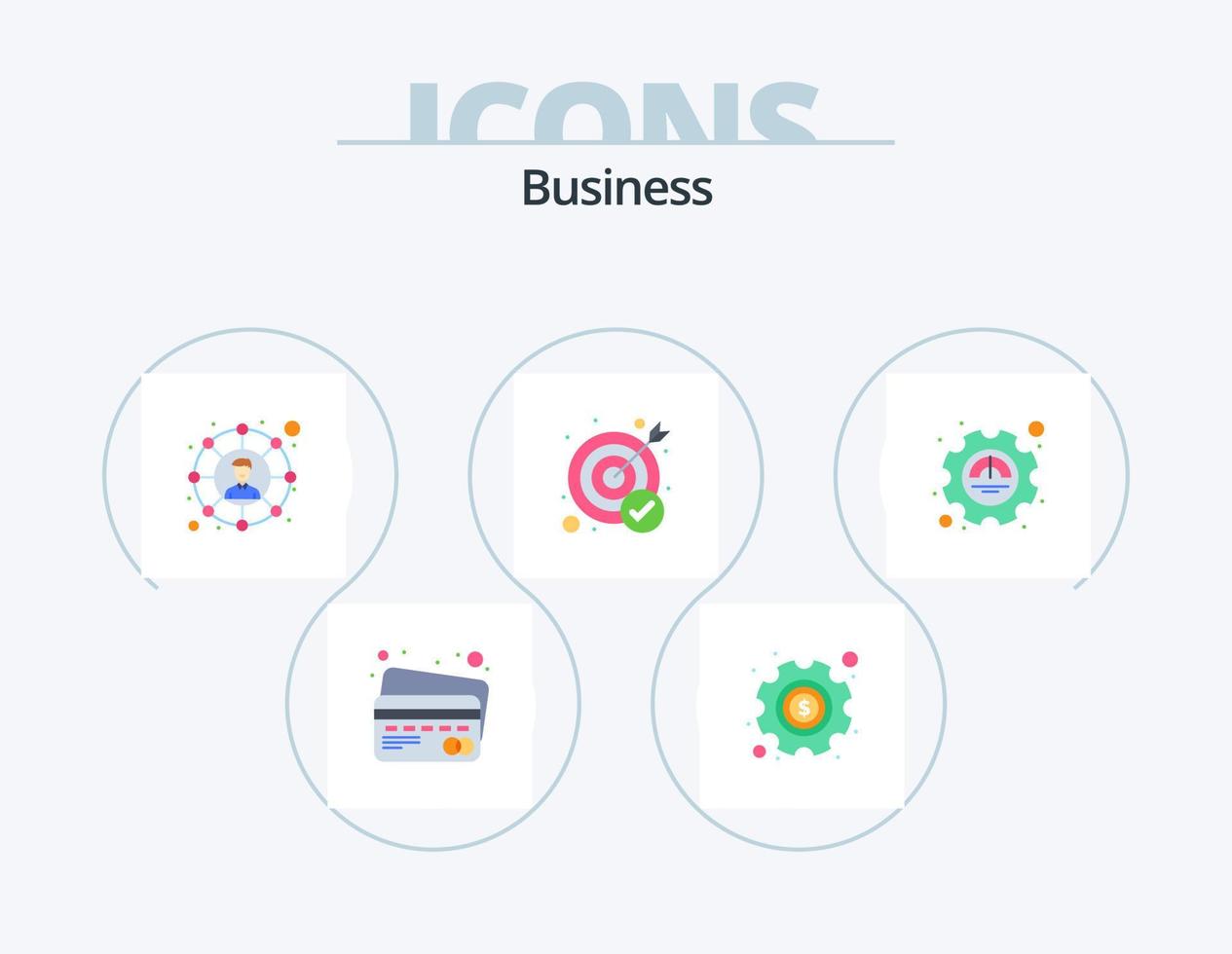 Business-Flat-Icon-Pack 5 Icon-Design. Leistung. Effizienz. Sozial. Ziel. Ziel vektor