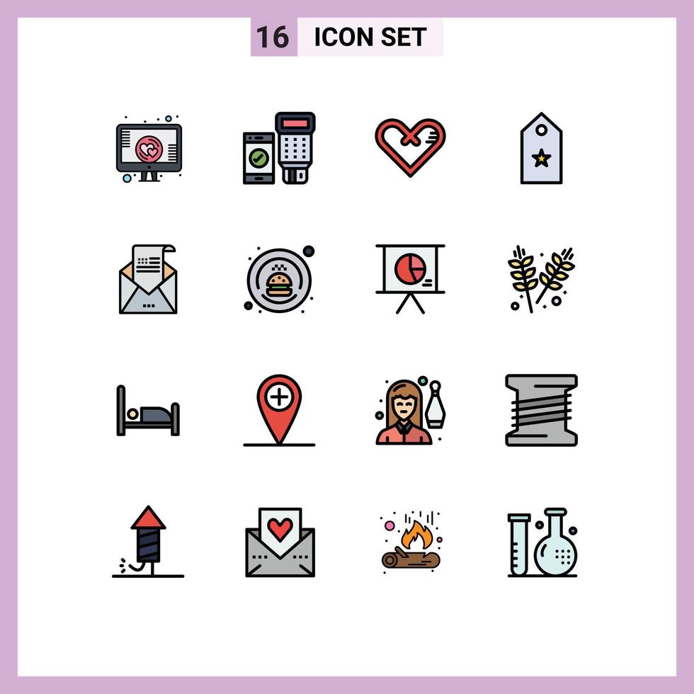 Stock Vector Icon Pack mit 16 Zeilen Zeichen und Symbolen für Tag Rang Herz eine Überraschung editierbare kreative Vektordesign-Elemente