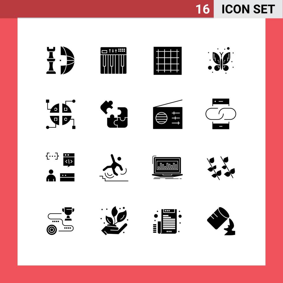Mobile Schnittstelle solider Glyph-Satz von 16 Piktogrammen von Insektenschmetterling Midi-Software, die editierbare Vektordesign-Elemente zeichnet vektor