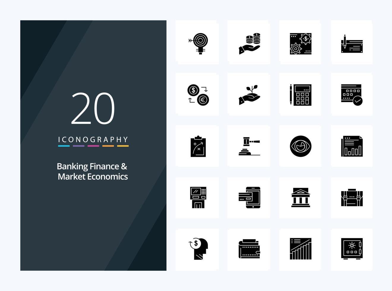 20 bank finansiera och marknadsföra ekonomi fast glyf ikon för presentation vektor