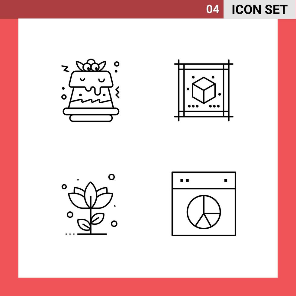 Linienpackung mit 4 universellen Symbolen für Kuchen, Blume, Würfelblatt, Rose, editierbare Vektordesign-Elemente vektor