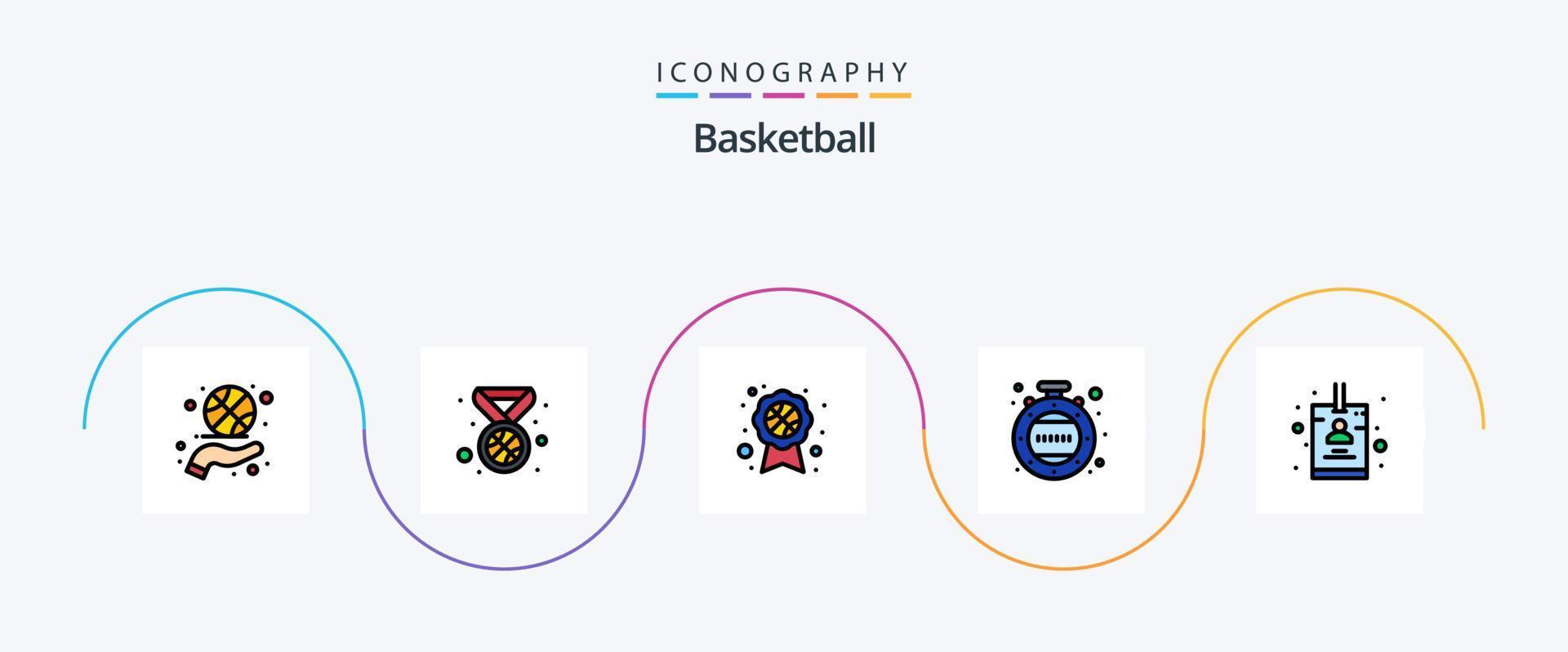 Basketballlinie gefülltes flaches 5-Icon-Paket einschließlich. Karte. Auszeichnungsabzeichen. Abzeichen. Protokoll vektor
