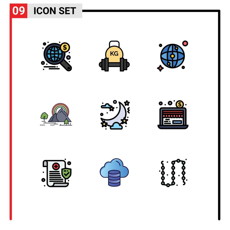 uppsättning av 9 vektor fylld linje platt färger på rutnät för firande natur vikt landskap berg redigerbar vektor design element