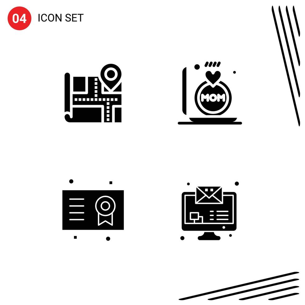 solides Glyphenpaket mit 4 universellen Symbolen für Kartenzertifikatsring Mutterdiplom editierbare Vektordesign-Elemente vektor