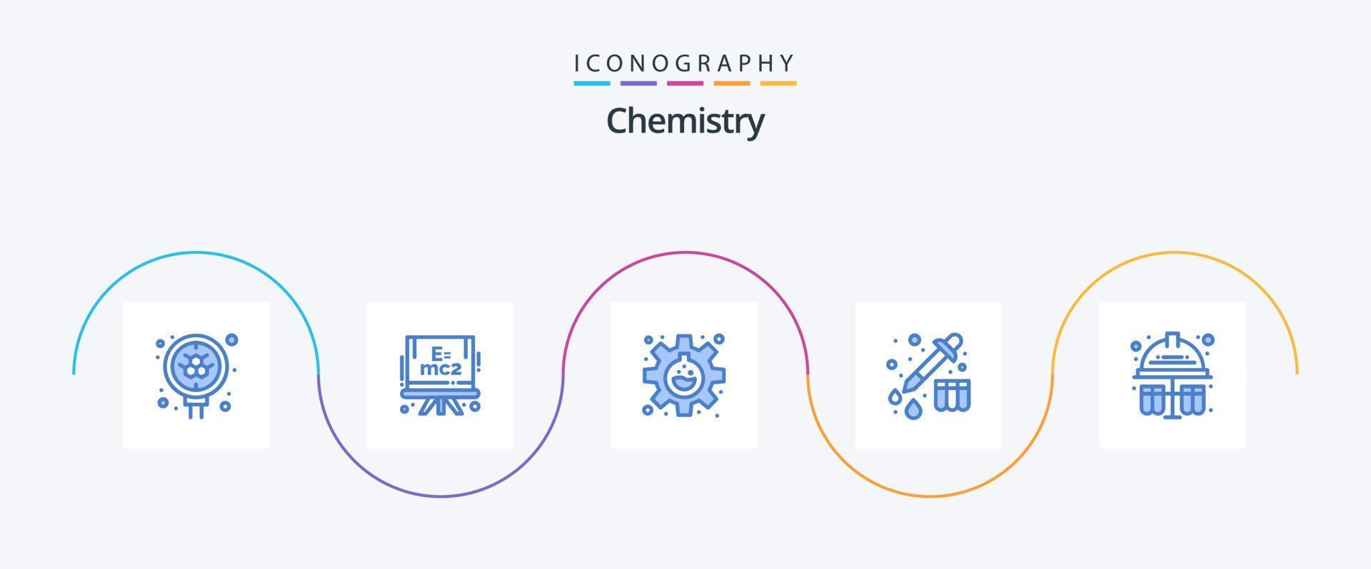 Chemieblau 5 Icon Pack inklusive Schutzhelm. Reagenzgläser. Flasche. Prüfung. Gerät vektor