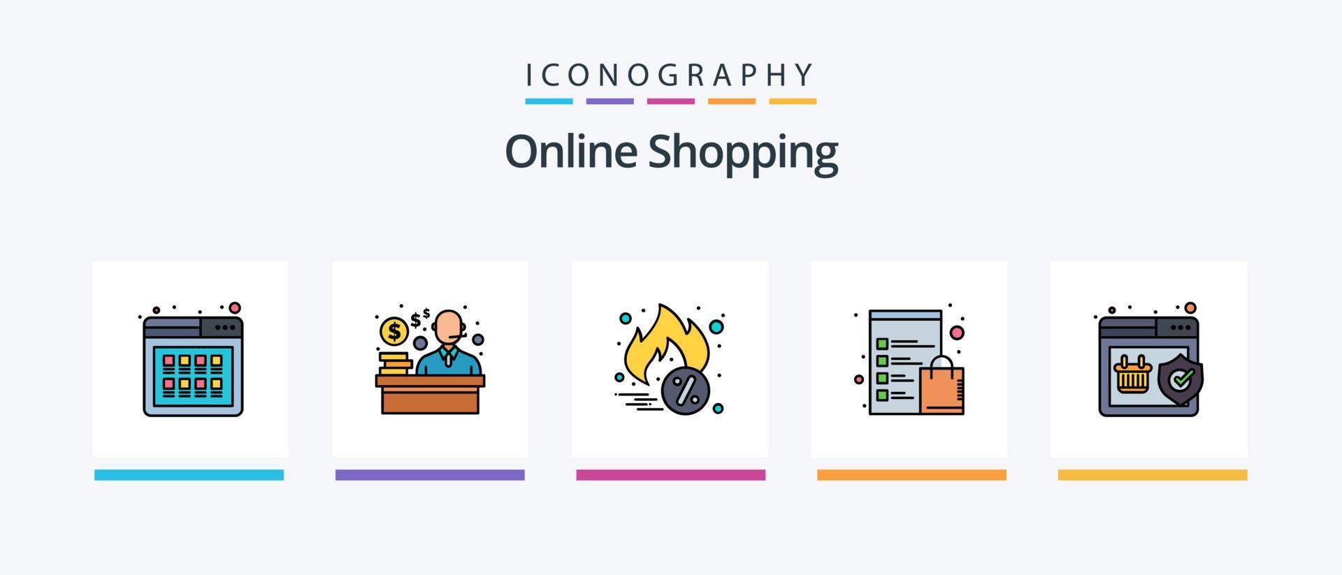 Online-Shopping-Linie gefüllt 5 Icon Pack inklusive Shopping. Anzeige. Checkliste. Laden. Kaufen. kreatives Symboldesign vektor