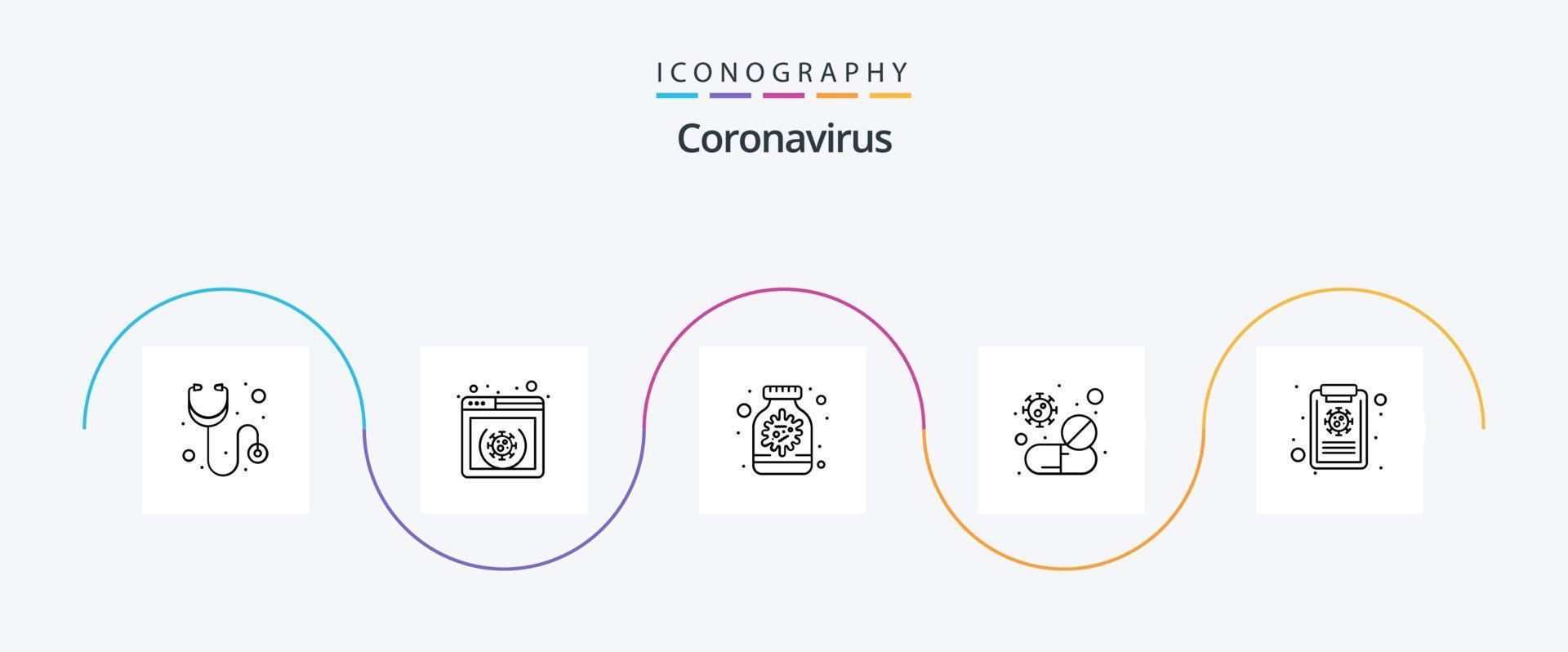 Coronavirus Line 5 Icon Pack inklusive Virus. Virus. Kapsel. Pflege. Pille vektor