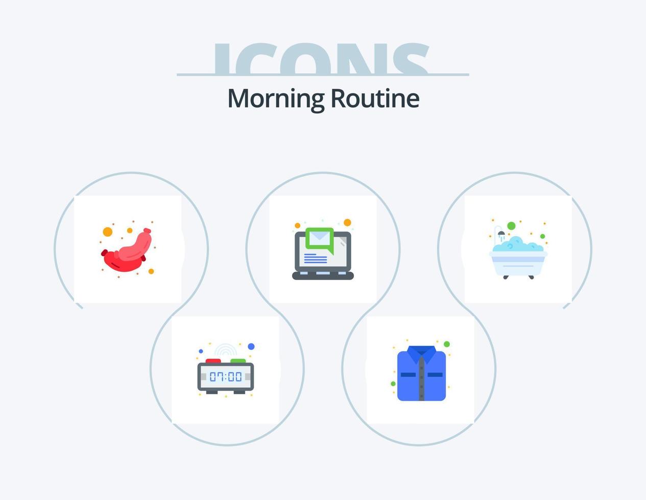 Morgenroutine flach Icon Pack 5 Icon Design. Bad. Badewanne. Wurst. Bad. Laptop vektor