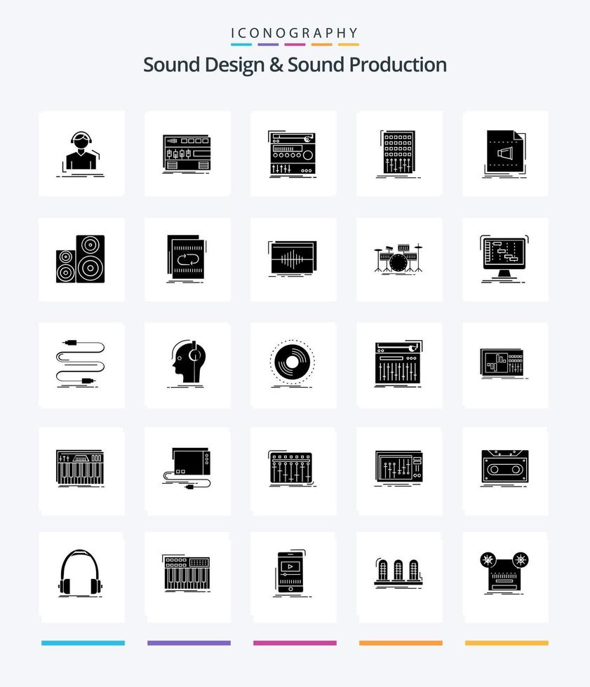 kreativ ljud design och ljud produktion 25 glyf fast svart ikon packa sådan som blanda. audio. rackmonterad. studio. modul vektor