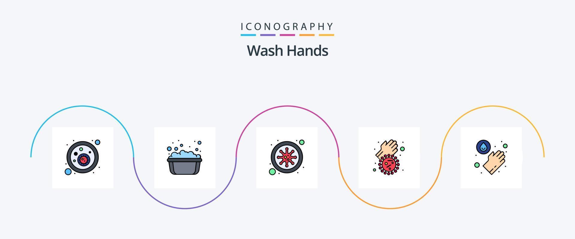 tvätta händer linje fylld platt 5 ikon packa Inklusive medicinsk. virus. bakterie. covid. bakterie vektor