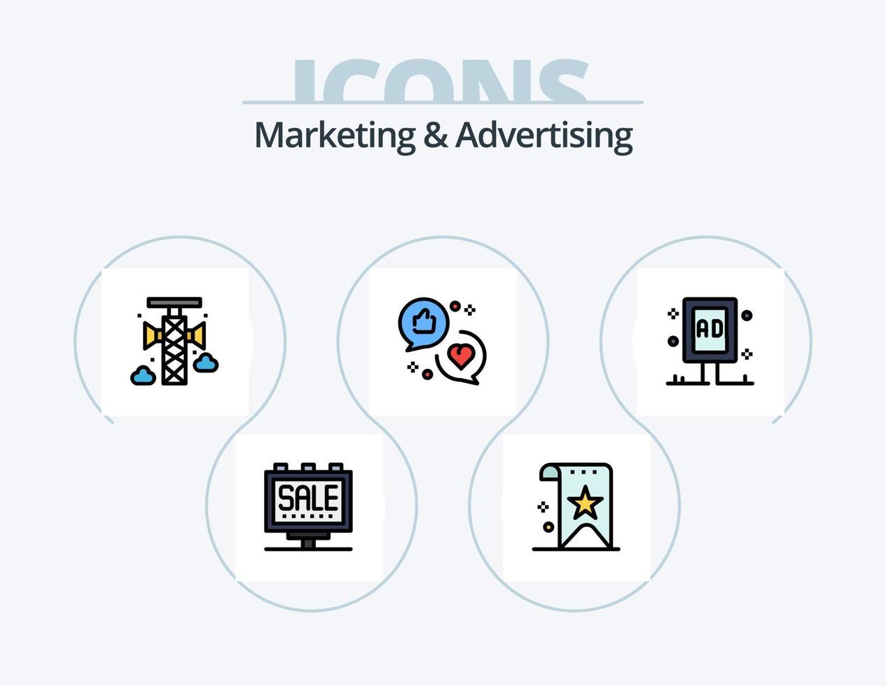 Marketing- und Werbelinie gefüllt Icon Pack 5 Icon Design. Entwicklung. Anwendung. Perspektive. Geschenk. Wagen vektor