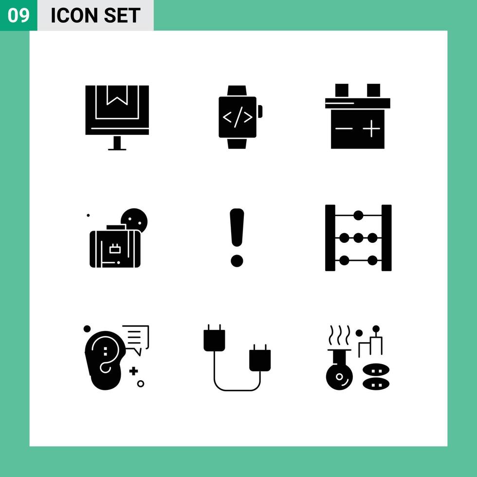 Packung mit 9 kreativen soliden Glyphen von Zeichen Gefahr Batterie Alarm Sonne editierbare Vektordesign-Elemente vektor