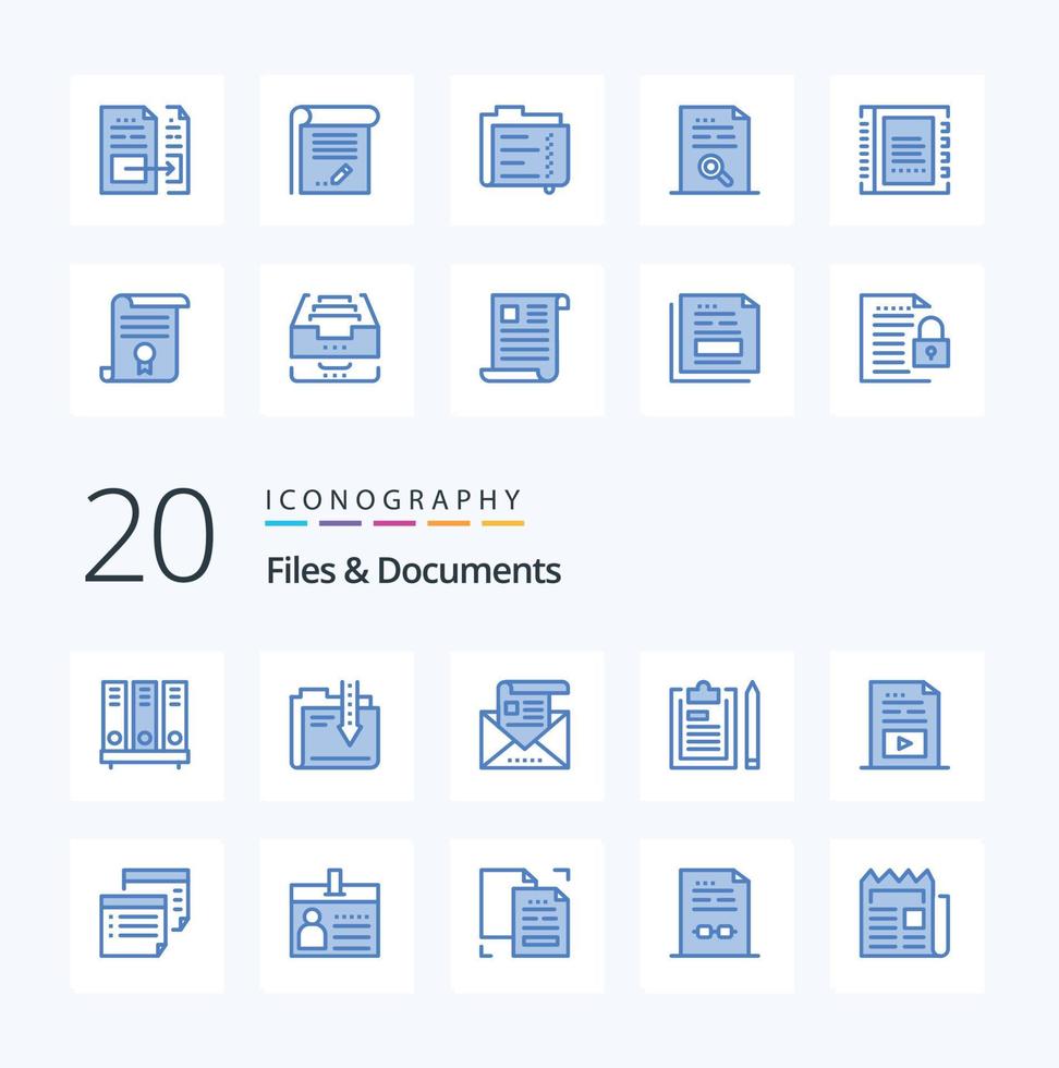 20 filer och dokument blå Färg ikon packa tycka om fil Urklipp ladda ner brev e-post vektor