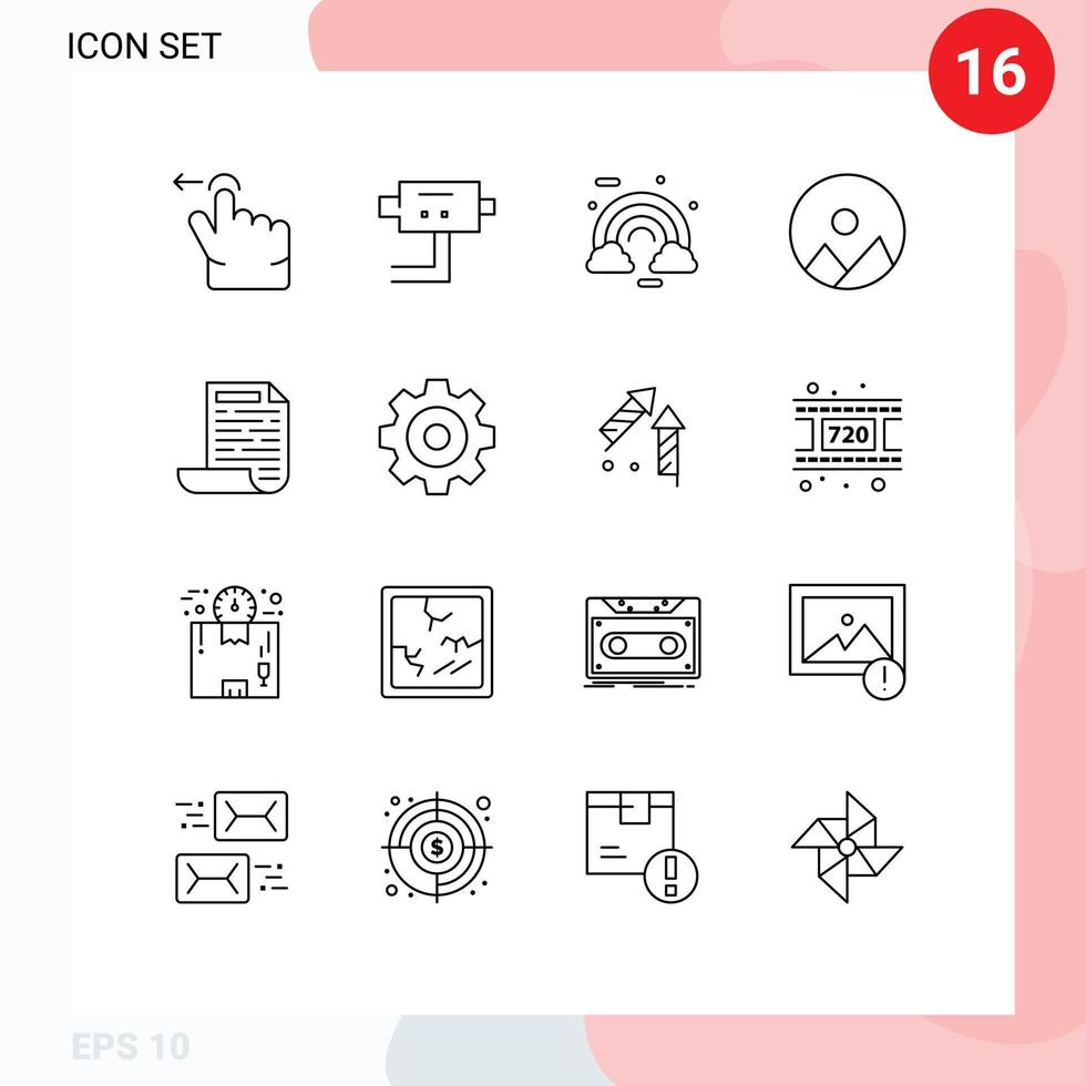 Stock Vector Icon Pack mit 16 Zeilenzeichen und Symbolen zum Erstellen von farbenfrohen Dateinatur-Designelementen für editierbare Vektordesigns