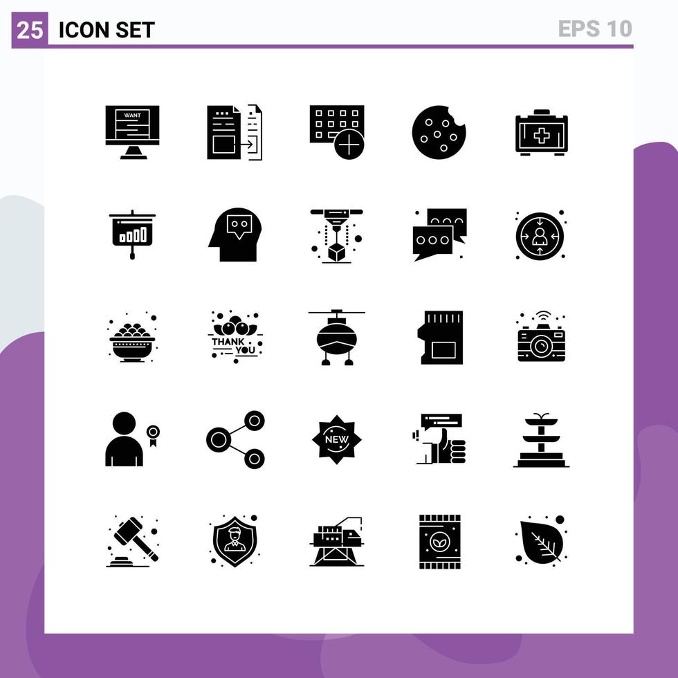 25 universelle solide Glyphen, die für Web- und mobile Anwendungen gesetzt werden vektor