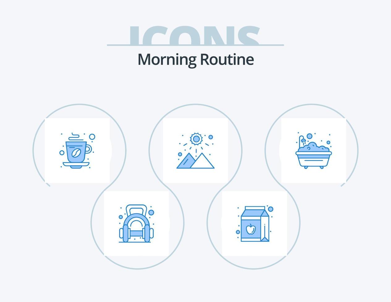 Morgenroutine blau Icon Pack 5 Icon Design. Berg. Sonnenuntergang. Flasche. Sonnenaufgang. Kaffee vektor