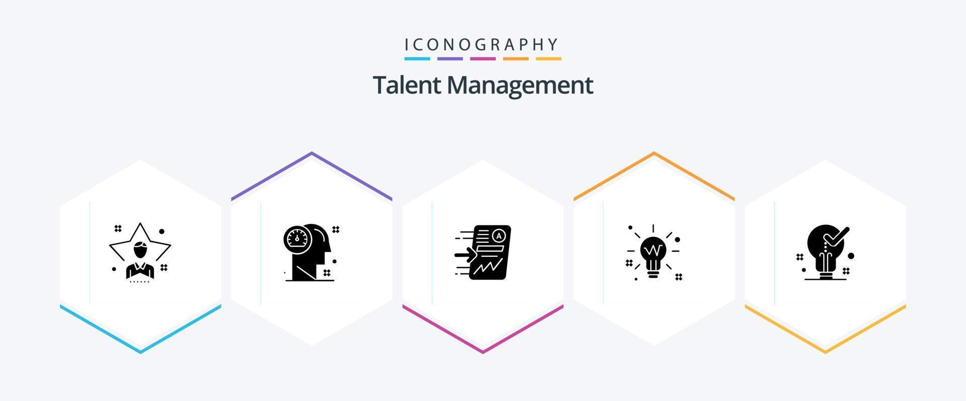 Talentmanagement 25 Glyphen-Icon-Pack inklusive Idee. Birne. Mensch. Diagramm. Prüfbericht vektor