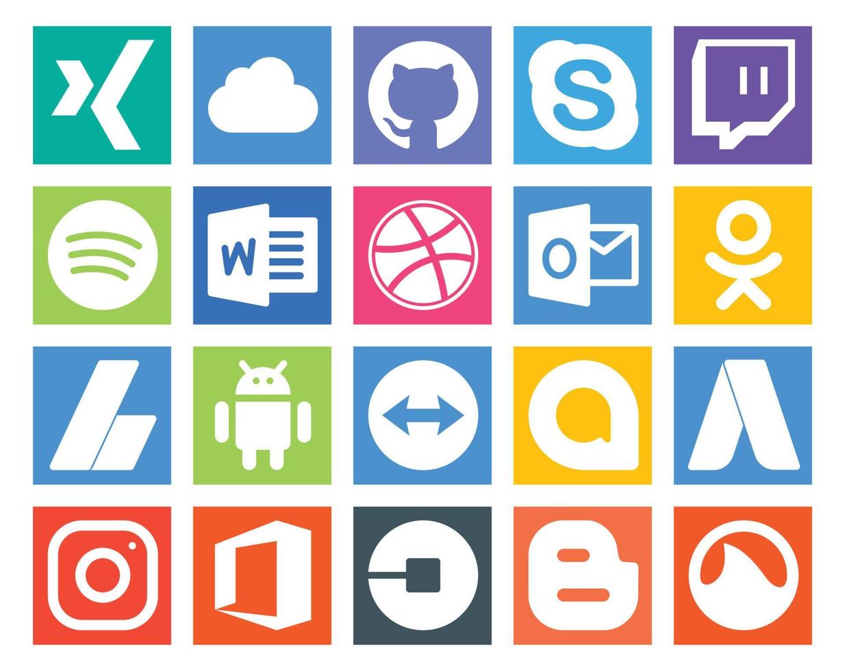 20 Social-Media-Icon-Packs, einschließlich Instagram-Google-Allo-Dribbble-Teamviewer-Anzeigen vektor