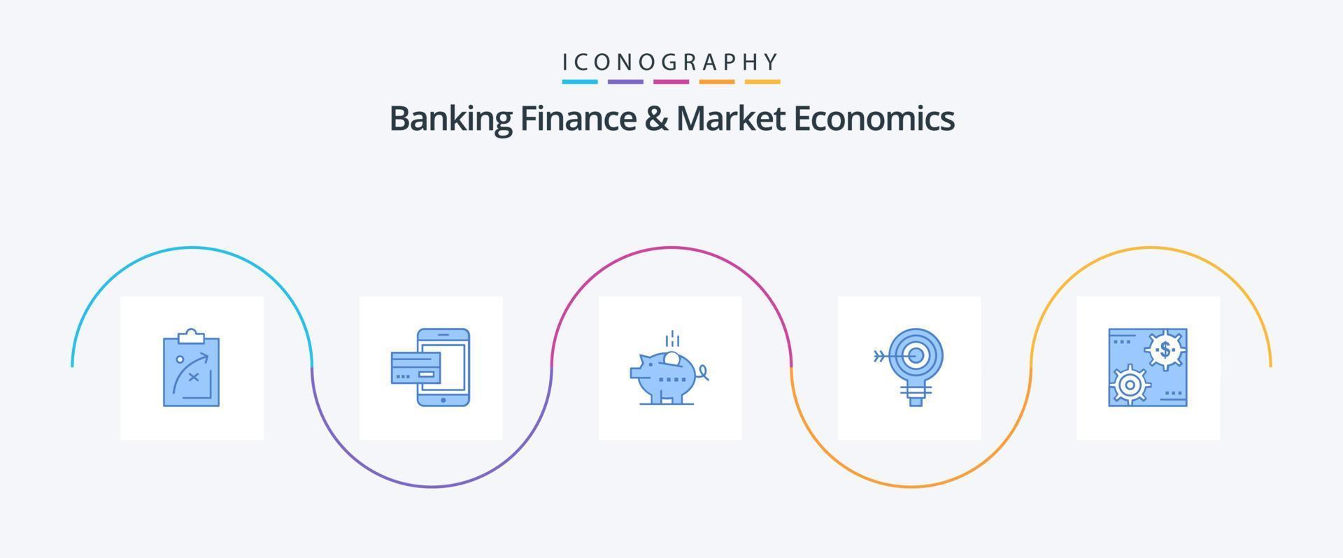 bank finansiera och marknadsföra ekonomi blå 5 ikon packa Inklusive nasse. spargris. Bank. smartphone. mobil vektor