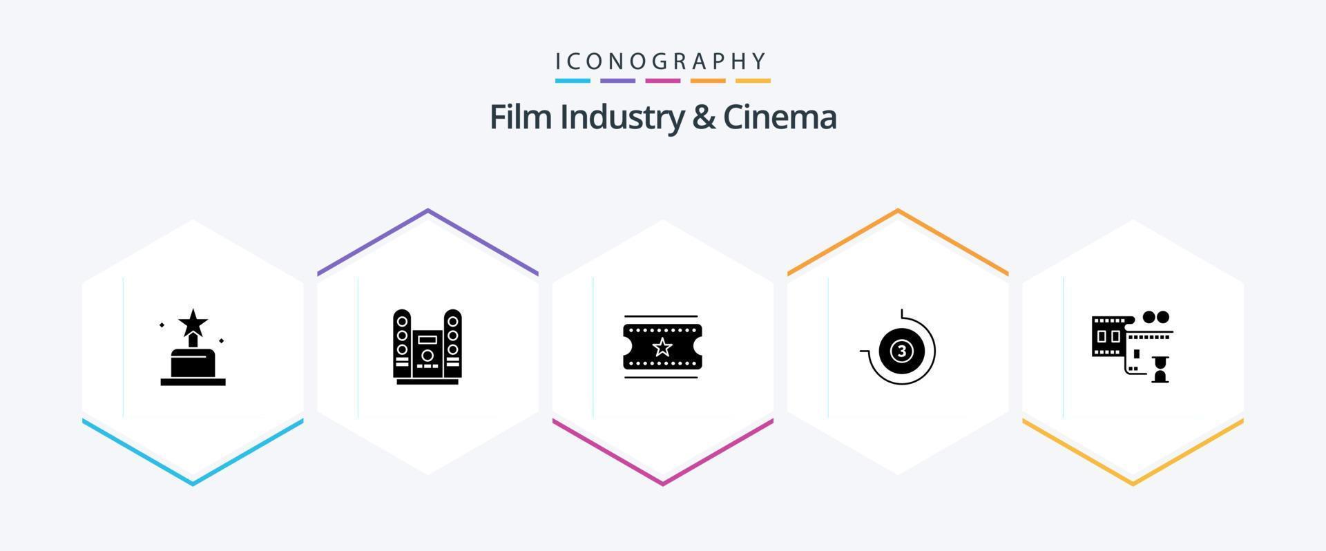 cenima 25 glyf ikon packa Inklusive . film rulle. filma biljetter. filma stip. tidmätare vektor