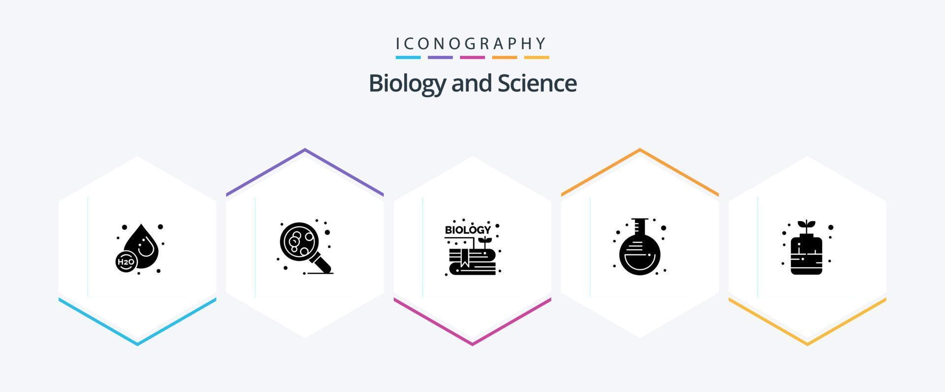 Biologie 25 Glyphen-Icon-Pack einschließlich dekorativ. Labor. Buchen. Krug. Experiment vektor