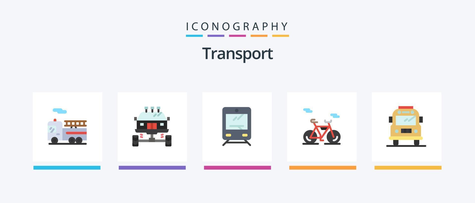 Transport Flat 5 Icon Pack inklusive Transport. Bus. Bahn. Fahrzeug. Fahrrad. kreatives Symboldesign vektor