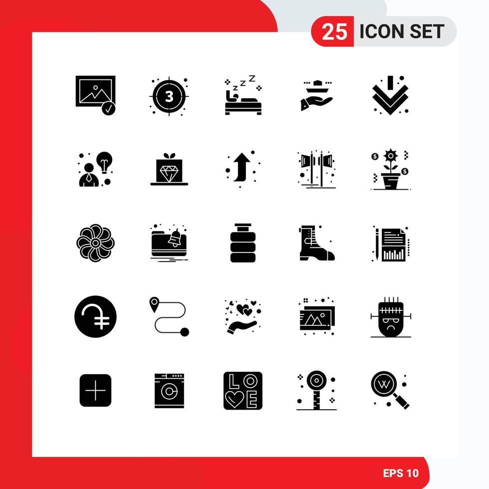Packung mit 25 modernen Solid-Glyphen-Zeichen und Symbolen für Web-Printmedien wie Pfeil-Lunchbett serviert Kellner editierbare Vektordesign-Elemente vektor