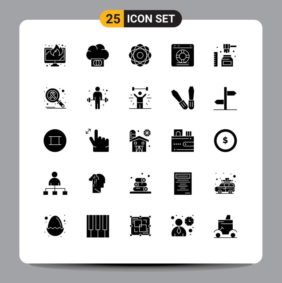 piktogrammsatz von 25 einfachen soliden glyphen des service online atom rettungsring physik editierbare vektordesignelemente vektor