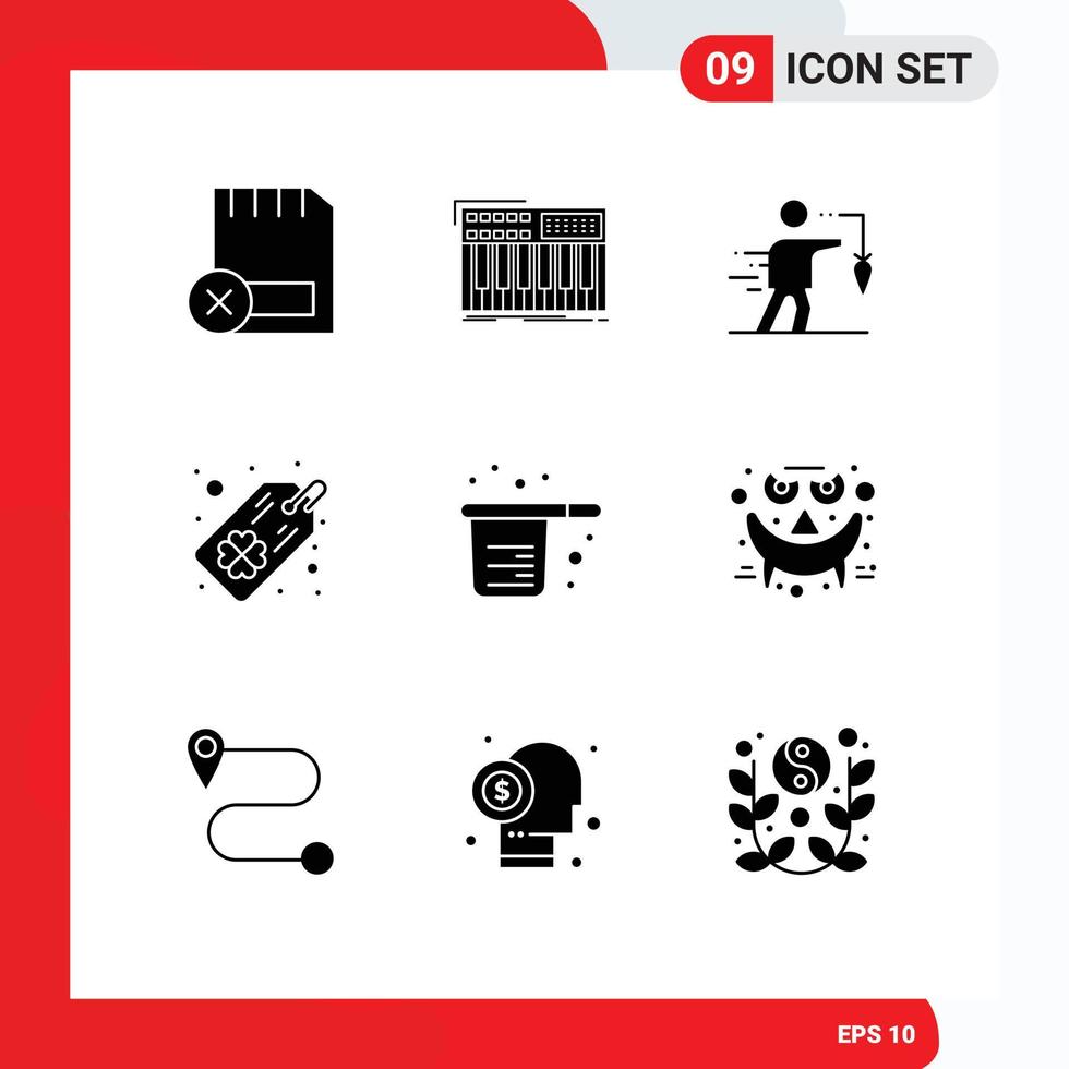 Stock Vector Icon Pack mit 9 Zeilenzeichen und Symbolen für vierblättriges Kleeblatt-Tag-Synthesizer-Ziel extrinsisch editierbare Vektordesign-Elemente