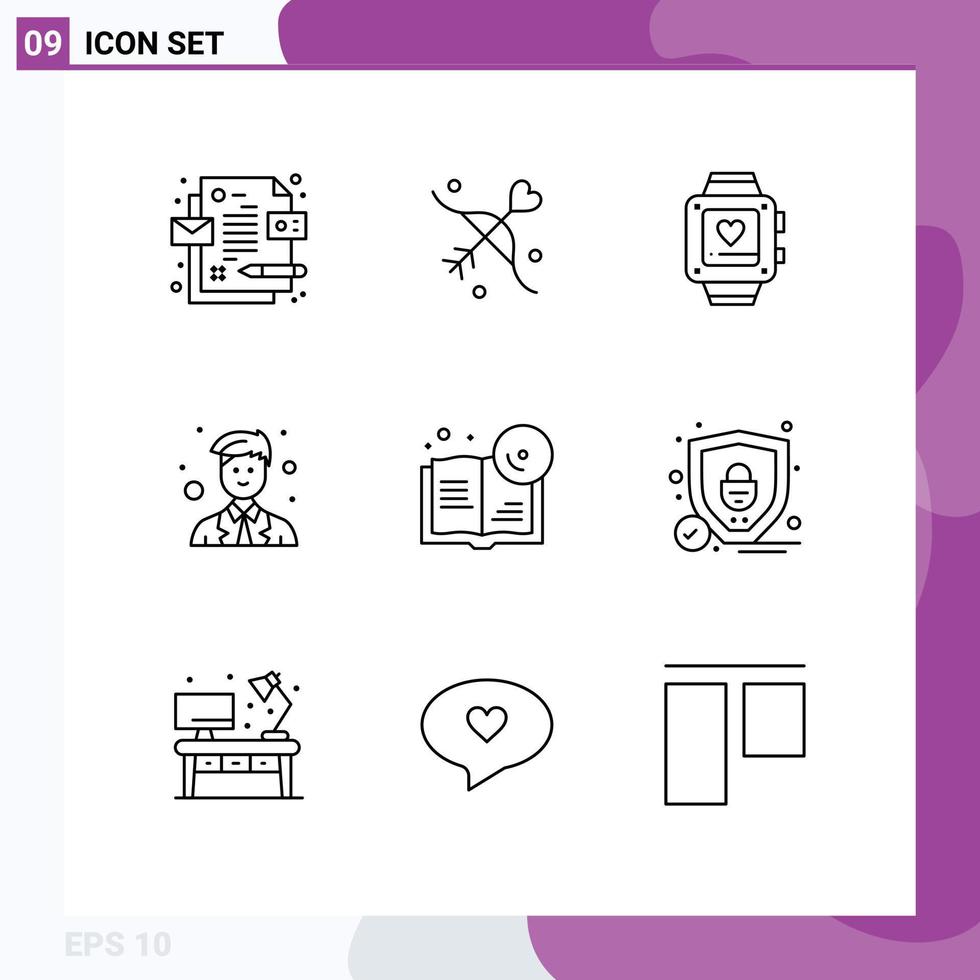 9 User Interface Outline Pack moderner Zeichen und Symbole des Bildungsbuches Love Worker Man editierbare Vektordesign-Elemente vektor