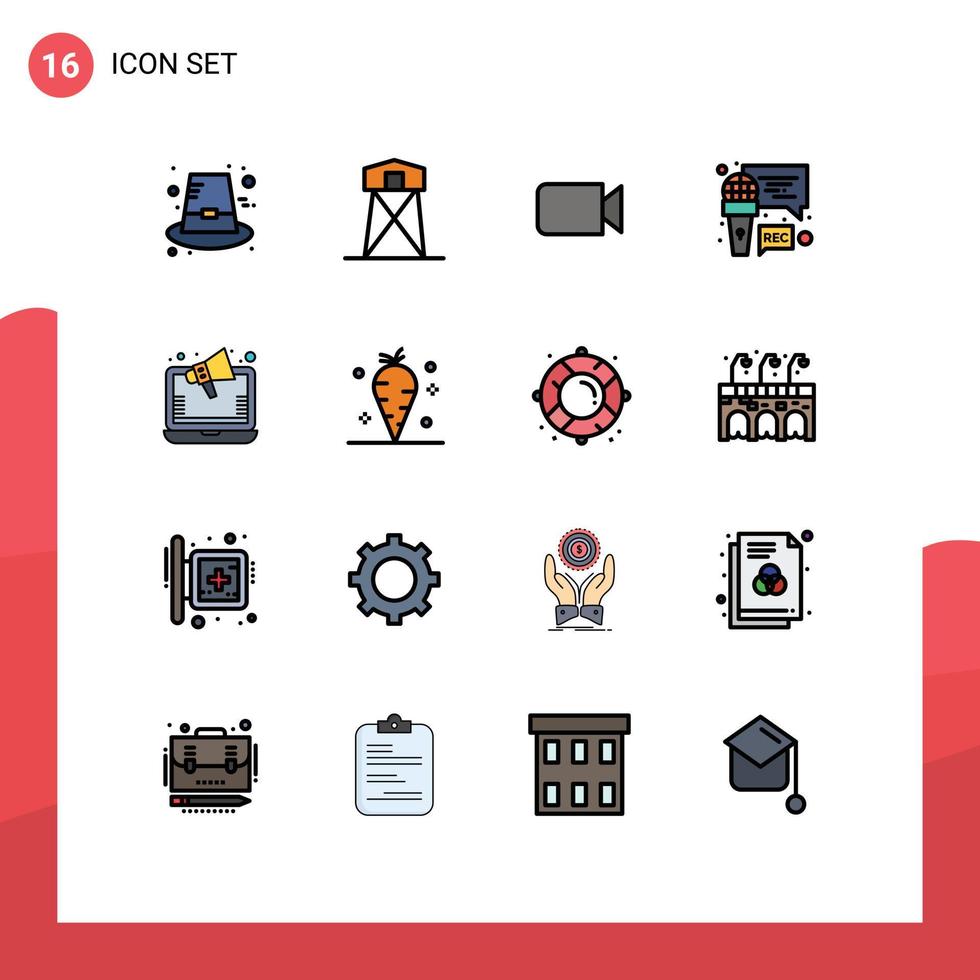 användare gränssnitt packa av 16 grundläggande platt Färg fylld rader av annonser inspelning krig mikrofon ui redigerbar kreativ vektor design element