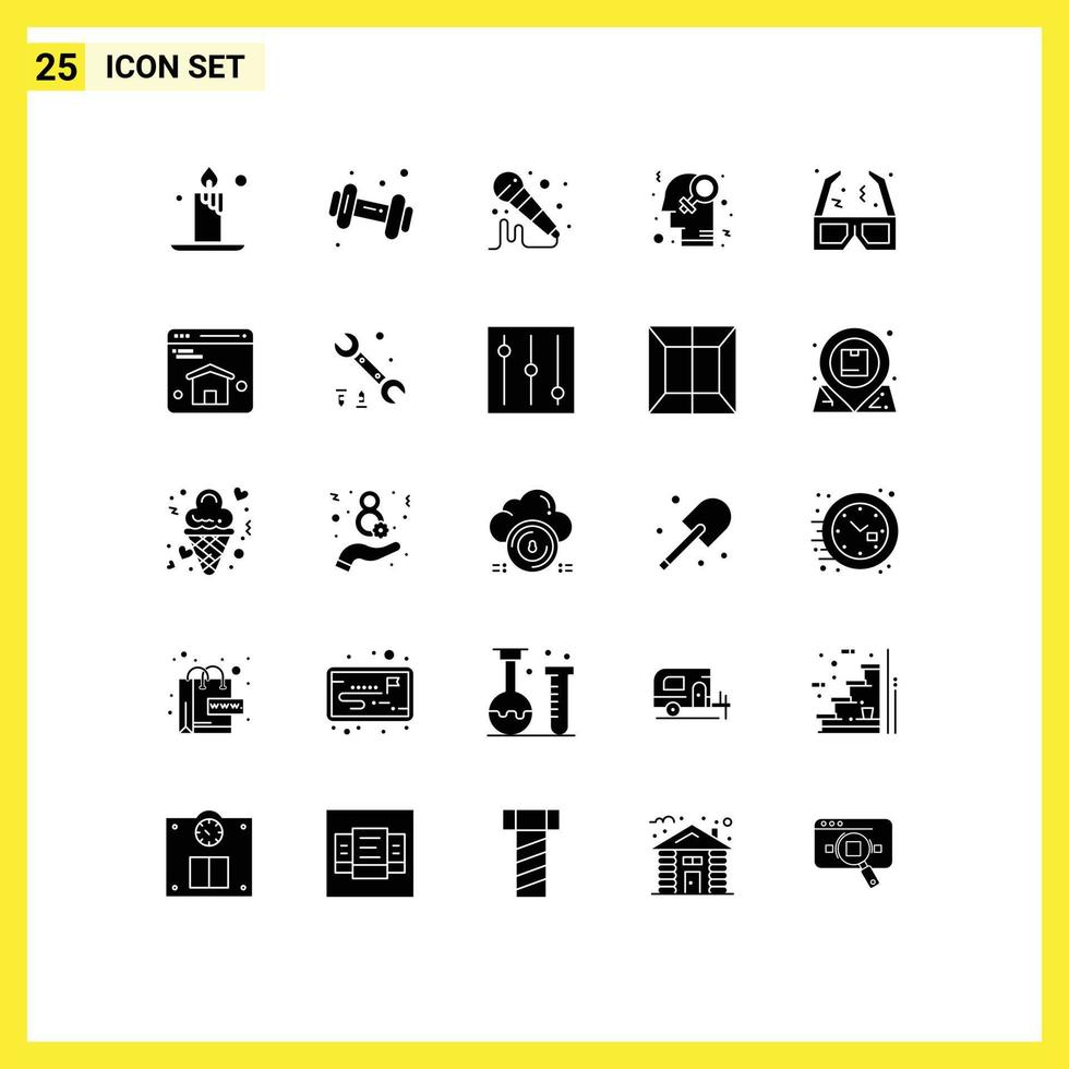 solides Glyphenpaket mit 25 universellen Symbolen für Kinofilmmikrofonbrillen homophile editierbare Vektordesignelemente vektor