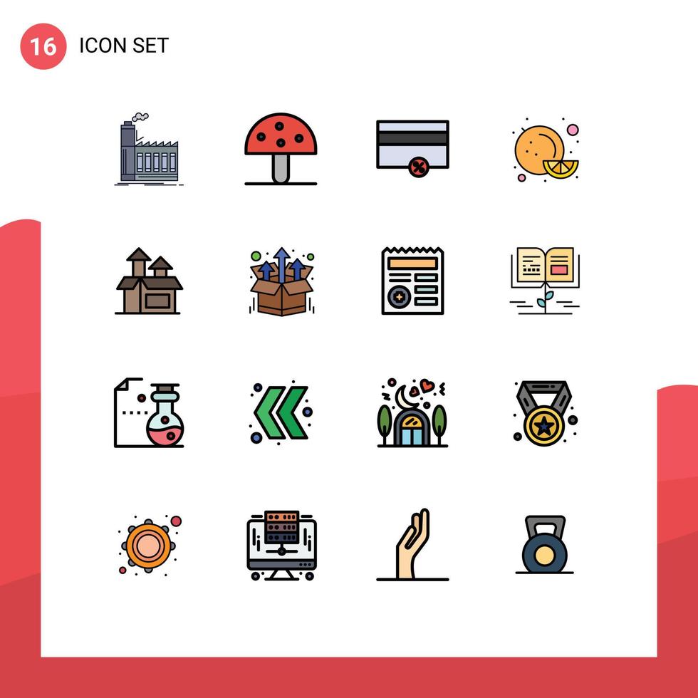 moderner Satz von 16 flachen, farbig gefüllten Linien Piktogramm von Management-Obstnatur-Lebensmittelzahlungen editierbare kreative Vektordesign-Elemente vektor