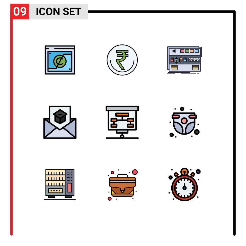grupp av 9 fylld linje platt färger tecken och symboler för kommunikation rackmontering indisk modul audio redigerbar vektor design element